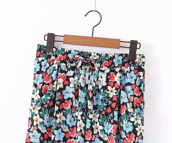 Pantaloni casual dama cu model floral si talie elastica