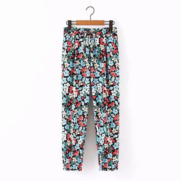 Pantaloni casual dama cu model floral si talie elastica