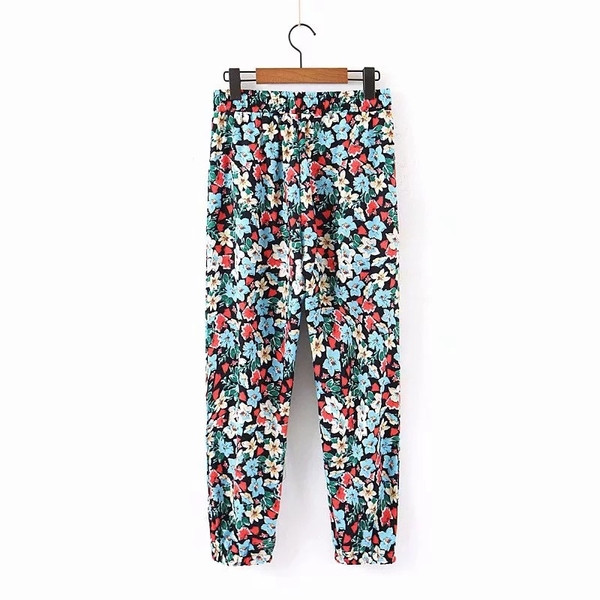 Pantaloni casual dama cu model floral si talie elastica