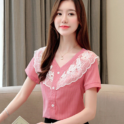 Cămașă modernă de damă în albastru și roșu cu dantelă