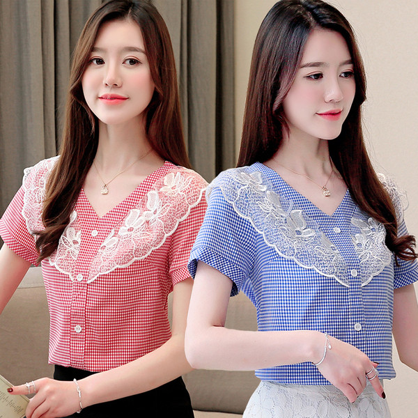 Cămașă modernă de damă în albastru și roșu cu dantelă