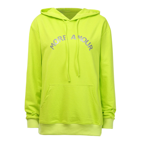 Hosszú női pulóver kapucnival, sárga felirattal