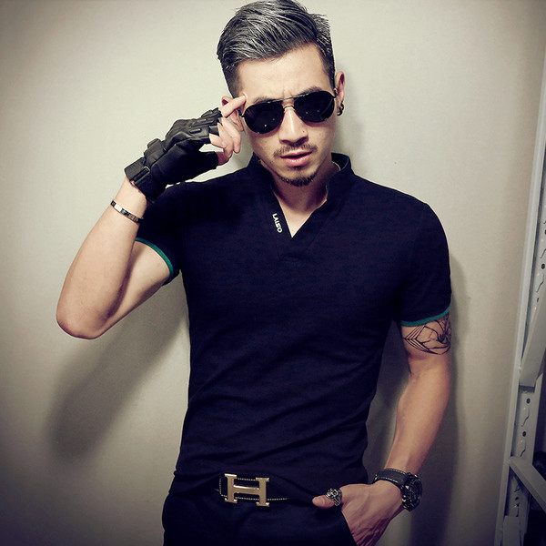 Ежедневна мъжка тениска с висока яка и къс ръкав в няколко цвята 