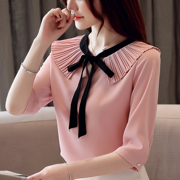 Cămașă actuală de damă în alb și roz cu mâneci 3/4