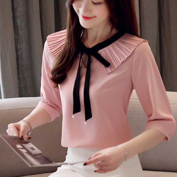 Cămașă actuală de damă în alb și roz cu mâneci 3/4