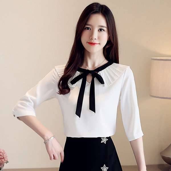 Cămașă actuală de damă în alb și roz cu mâneci 3/4