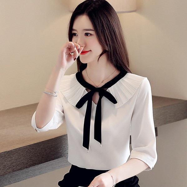 Cămașă actuală de damă în alb și roz cu mâneci 3/4