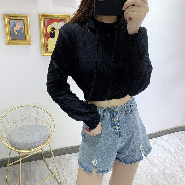 Hanorac scurt cu talie elastica si gluga