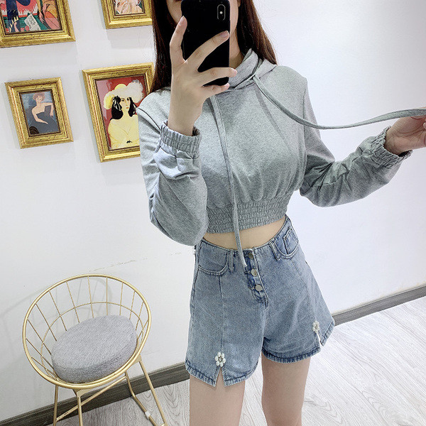 Hanorac scurt cu talie elastica si gluga