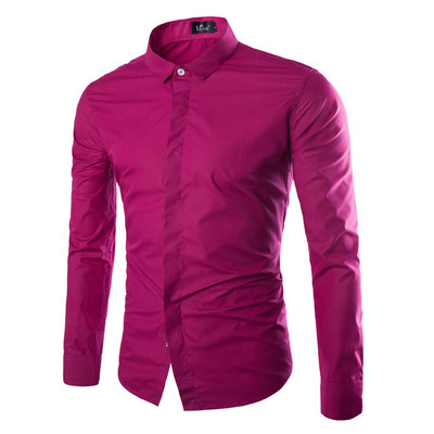 Cămașă modernă pentru bărbați cu mâneci lungi și model clasic cu guler uni