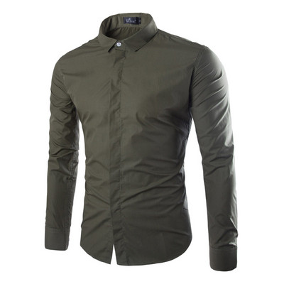 Cămașă modernă pentru bărbați cu mâneci lungi și model clasic cu guler uni