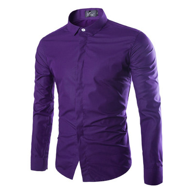 Cămașă modernă pentru bărbați cu mâneci lungi și model clasic cu guler uni