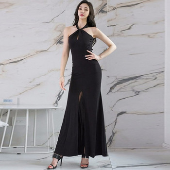 Rochie lungă de damă cu spatele gol și cu despicatură în negru
