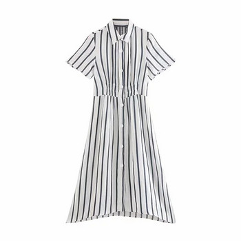 Új modell csíkos női ruha klasszikus gallérral, fehér színben