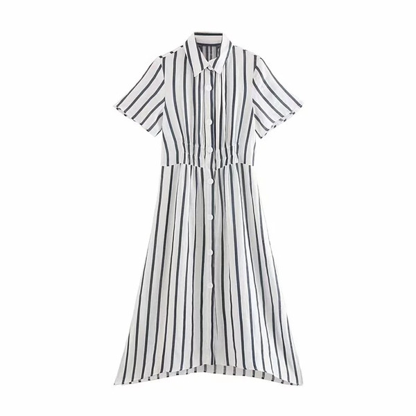 Új modell csíkos női ruha klasszikus gallérral, fehér színben