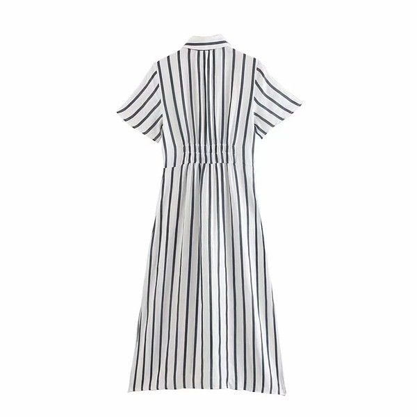 Új modell csíkos női ruha klasszikus gallérral, fehér színben