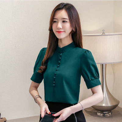 Cămașă de damă actuală cu mâneci scurte și nasturi - în cinci culori