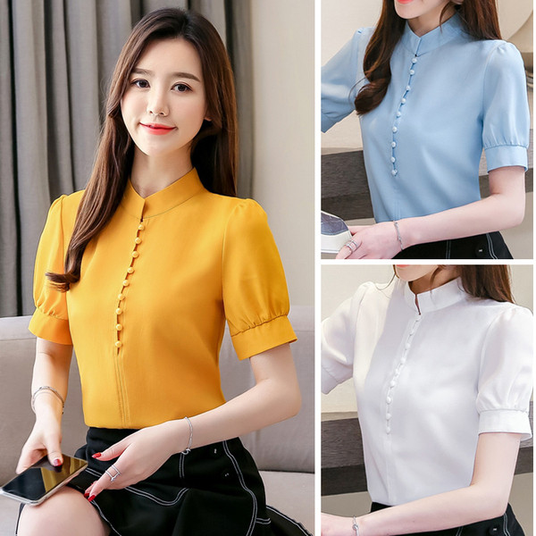 Cămașă de damă actuală cu mâneci scurte și nasturi - în cinci culori