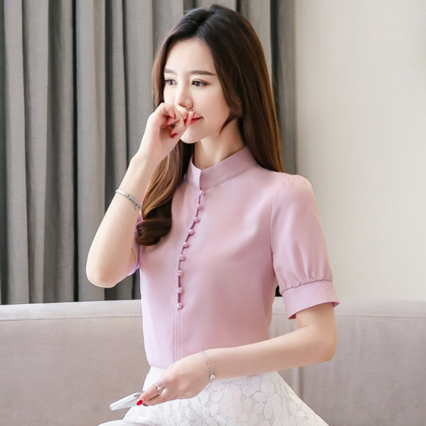 Cămașă de damă actuală cu mâneci scurte și nasturi - în cinci culori