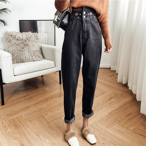 Női alkalmi farmer, szürke színben, magas derékkal