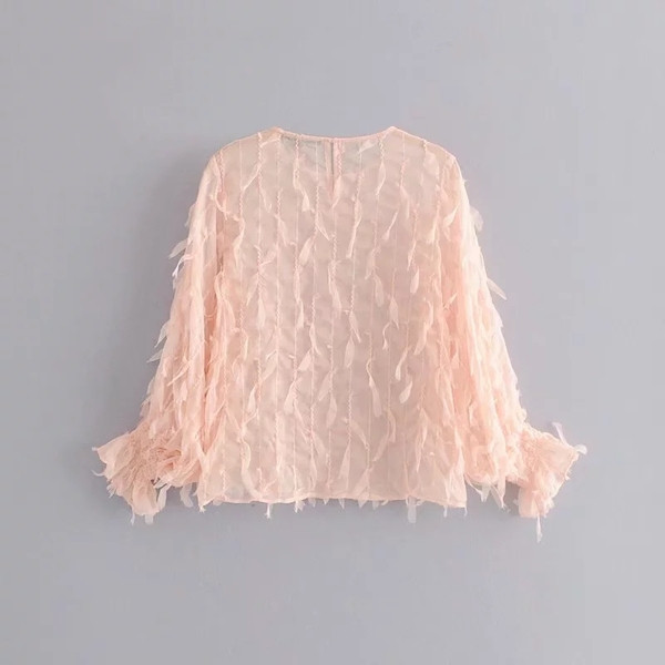 Bluză de damă modernă din dantelă cu mâneci lungi în culoarea roz