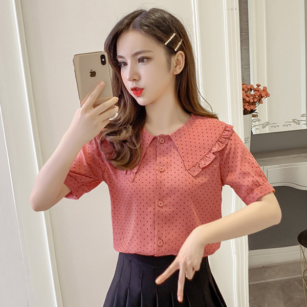 Cămașă de damă actuală cu mâneci scurte și nasturi - în trei culori