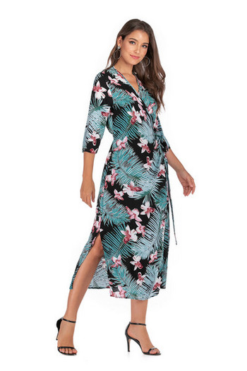 Rochie casual de dama cu maneci 3/4 si decolteu adanc in albastru