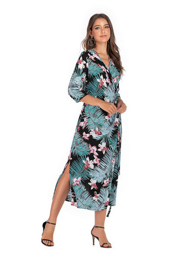 Rochie casual de dama cu maneci 3/4 si decolteu adanc in albastru