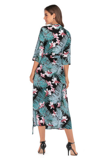 Rochie casual de dama cu maneci 3/4 si decolteu adanc in albastru