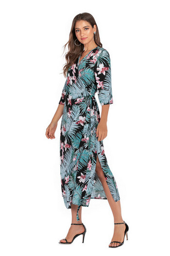 Rochie casual de dama cu maneci 3/4 si decolteu adanc in albastru