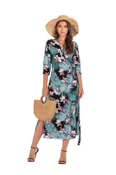 Rochie casual de dama cu maneci 3/4 si decolteu adanc in albastru