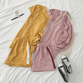 Дамски комплект включващ суичър и къси панталони в розов и жълт цвят