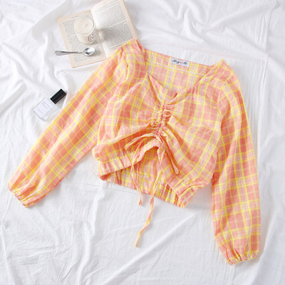 Modern kockás női blúz narancssárga, kék és zöld színben