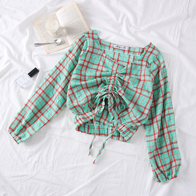 Modern kockás női blúz narancssárga, kék és zöld színben