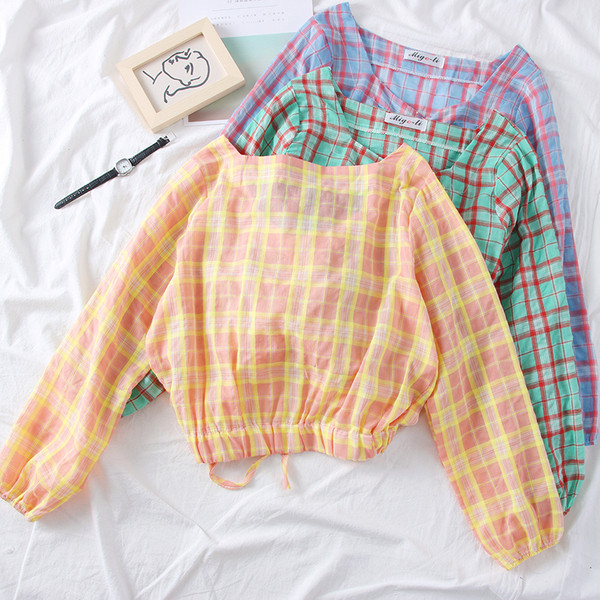 Modern kockás női blúz narancssárga, kék és zöld színben