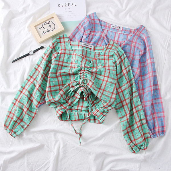 Modern kockás női blúz narancssárga, kék és zöld színben