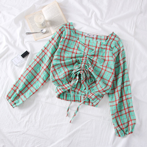 Modern kockás női blúz narancssárga, kék és zöld színben