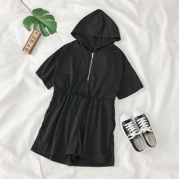 Női alkalmi overall kapucnival és cipzárral fekete és szürke színben