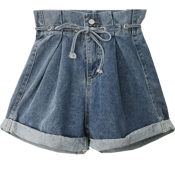 Rövid női farmer magas derékkal és fűzővel