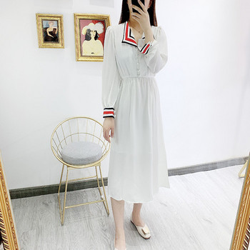 Hosszú női ruha gombokkal, gumírozott derékkal