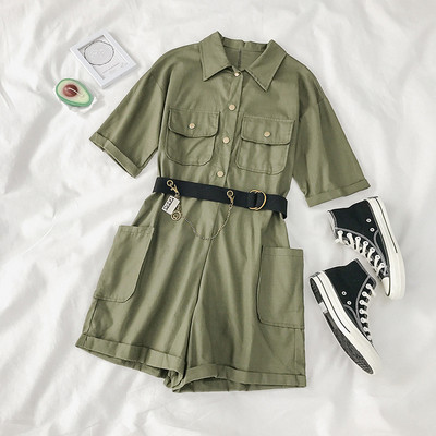 Modern női overál szürke és zöld övvel