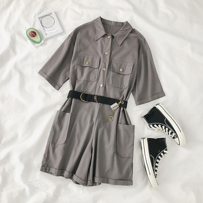 Modern női overál szürke és zöld övvel