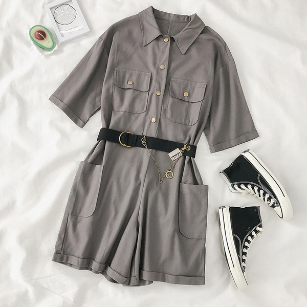 Modern női overál szürke és zöld övvel