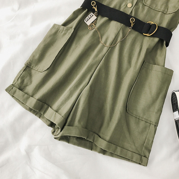 Modern női overál szürke és zöld övvel