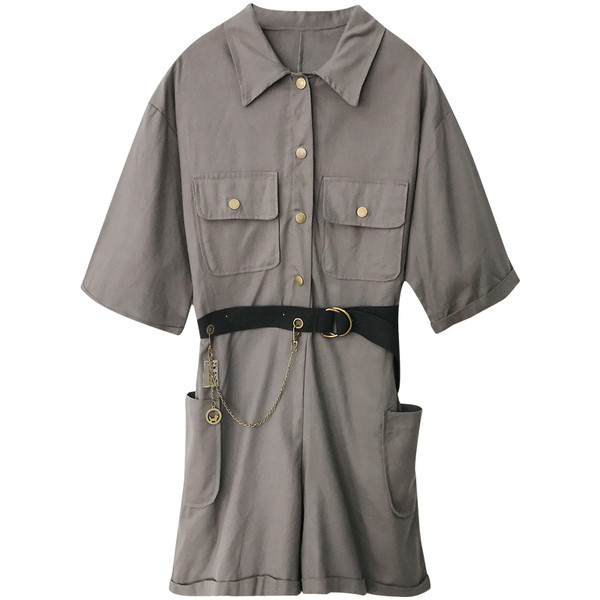 Modern női overál szürke és zöld övvel