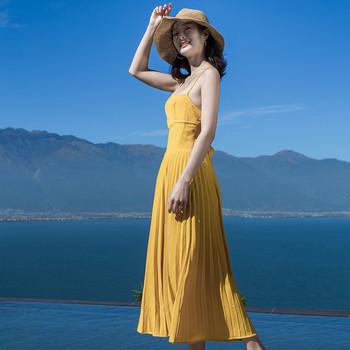 Rochie de dama plisata model cu bretele subtiri de culoare galbena