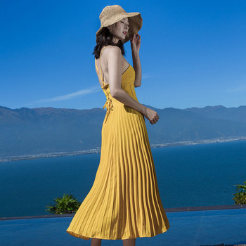 Rochie de dama plisata model cu bretele subtiri de culoare galbena