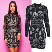 Stílusos női ruha csipkével és hosszú ujjú fekete színben