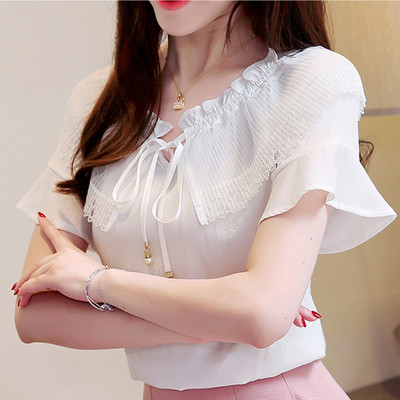 Új modell női blúz fehér és kék színben, nyakkendővel