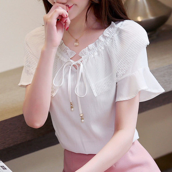 Új modell női blúz fehér és kék színben, nyakkendővel